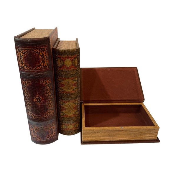 Other - Vintage Style Faux Book Storage Box Set of 3 Nesting Tooled Leather Look Decor